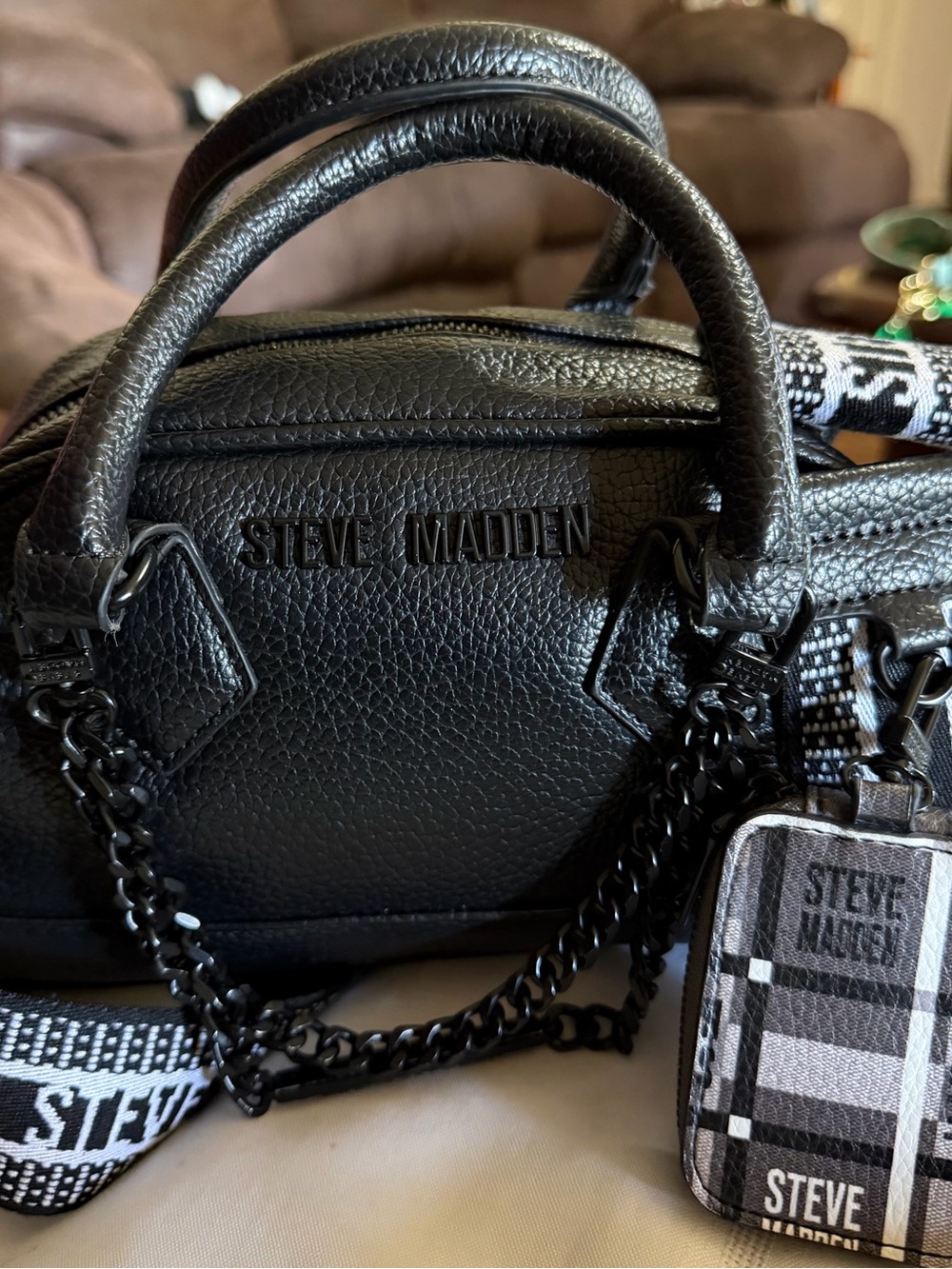 Steve Madden Black Pebble Leather Mini Satchel with Patterned Strap